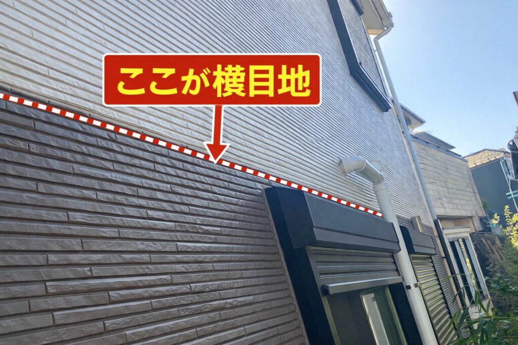 ツートンカラーの外壁サイディングの境目にある横目地コーキングの位置を示した写真