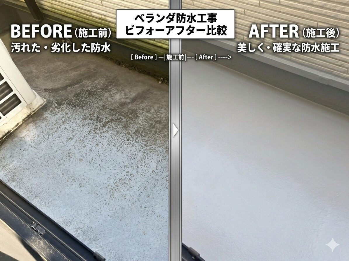 ベランダFRP防水工事のビフォーアフター比較。施工前は汚れと劣化が目立つ床面、施工後は均一で美しい防水層に仕上がっている