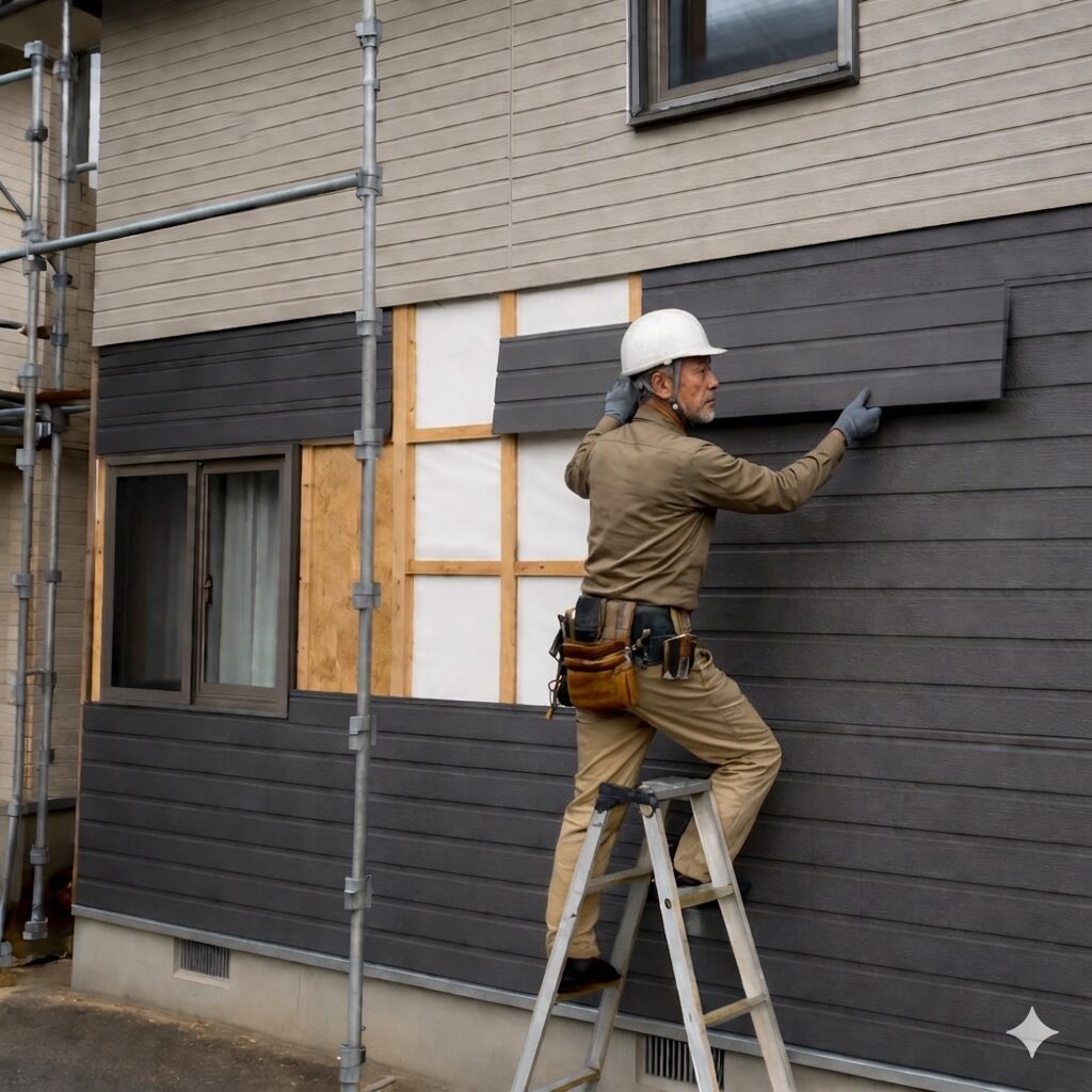 外壁の張り替え工事で既存外壁を撤去し新しいサイディングを施工している様子