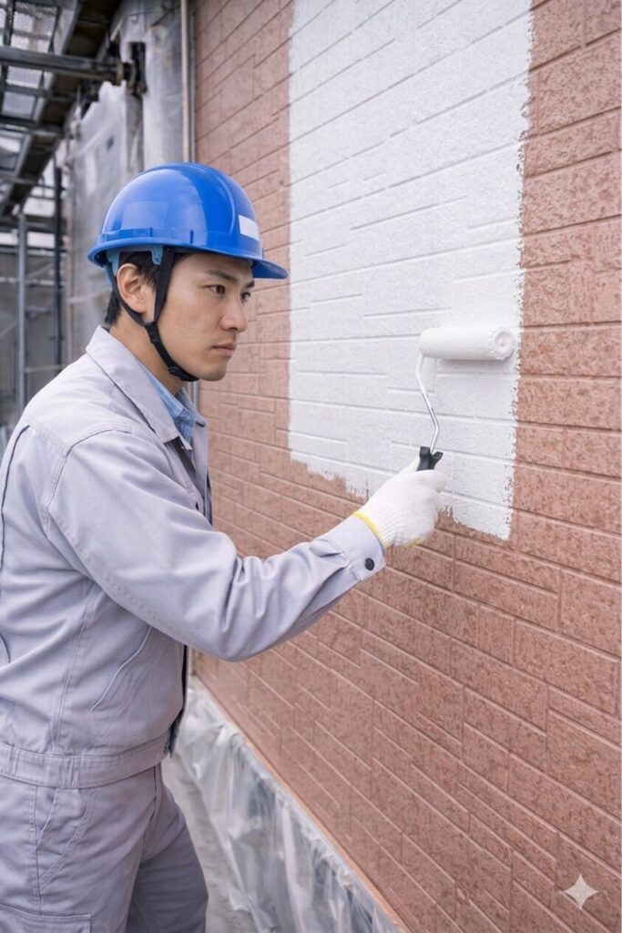 外壁塗装でローラーを使い下塗り作業をしている職人の様子