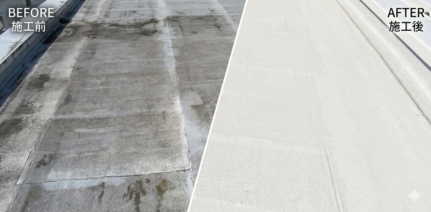 陸屋根トーチ工法防水工事のビフォーアフター比較。施工前はひび割れと苔汚れが広がるコンクリート面、施工後は均一な防水層で覆われた清潔な仕上がり