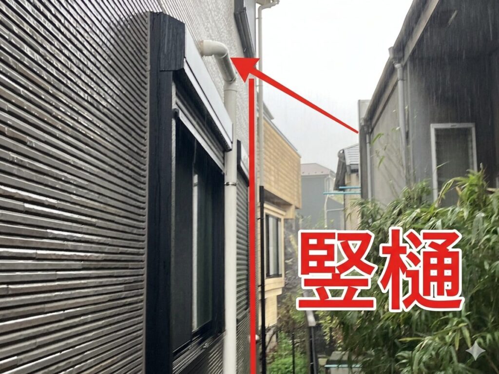 外壁に沿って垂直に設置された白い竪樋(たてどい)の解説画像
