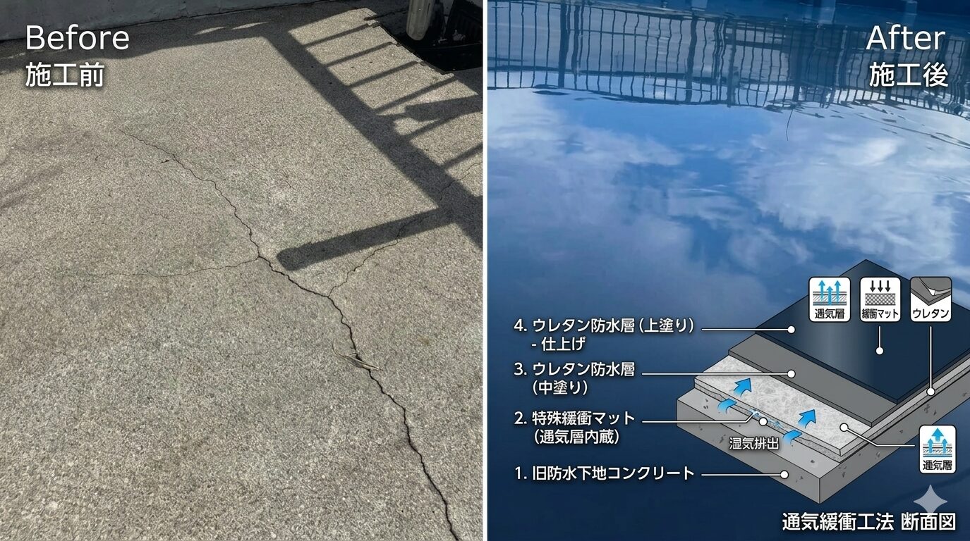 ウレタン防水通気緩衝工法のビフォーアフター比較。施工前はひび割れが入ったコンクリート面、施工後は青空を映す美しい防水仕上げ。断面図で通気層・緩衝マット・ウレタン防水層の4層構造を図解