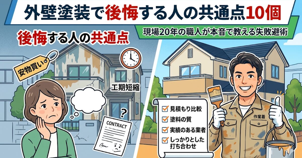 外壁塗装で後悔する人の共通点10個と、失敗を避けるための業者選び・見積りチェックポイントを職人が解説するイメージ