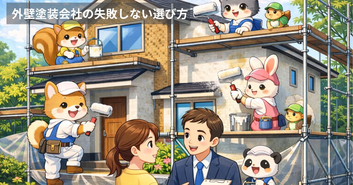 外壁塗装工事をする動物の職人とお客様が打ち合わせしているイラスト