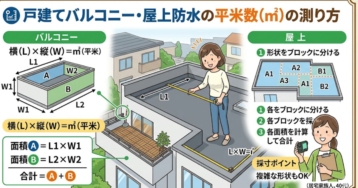 戸建てバルコニー・屋上防水の平米数の測り方 横×縦の計算方法と屋上のブロック分け図解