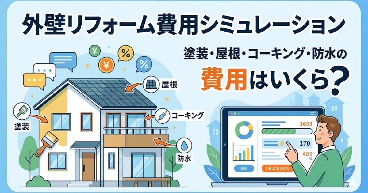 外壁リフォーム費用シミュレーション｜塗装・屋根・コーキング・防水の費用をシミュレーターで計算するイメージ