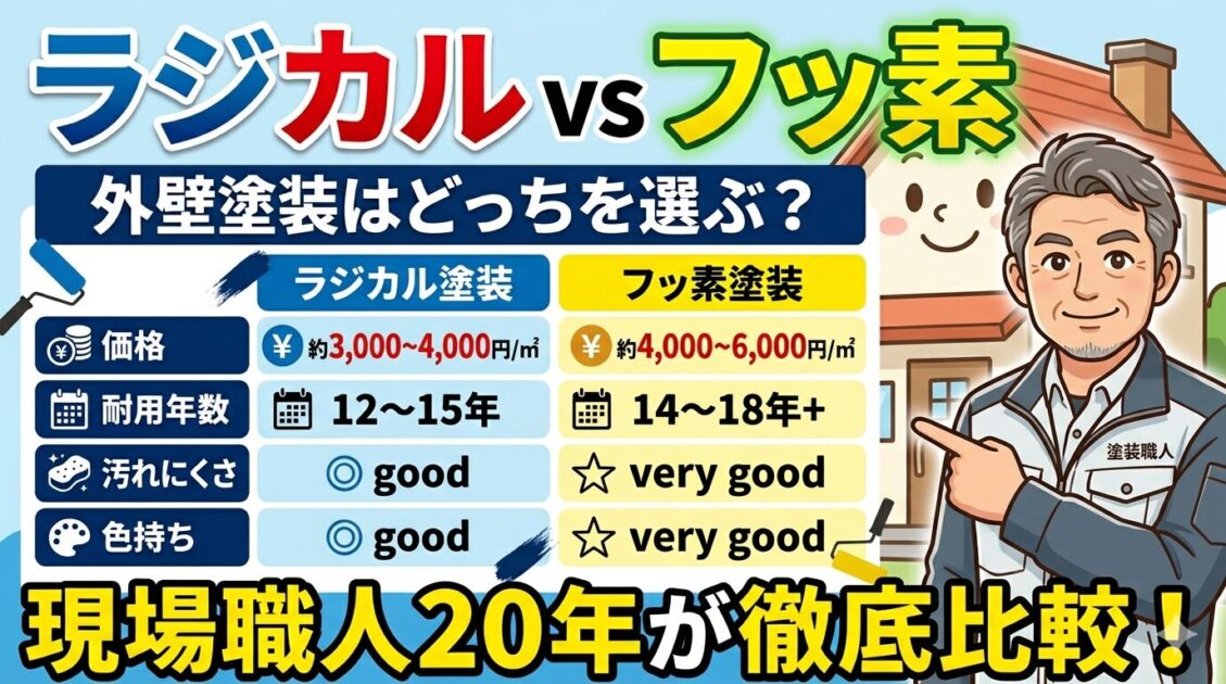 ラジカル塗装とフッ素塗装を価格・耐用年数・性能で比較する図解、現場職人20年のプロが解説