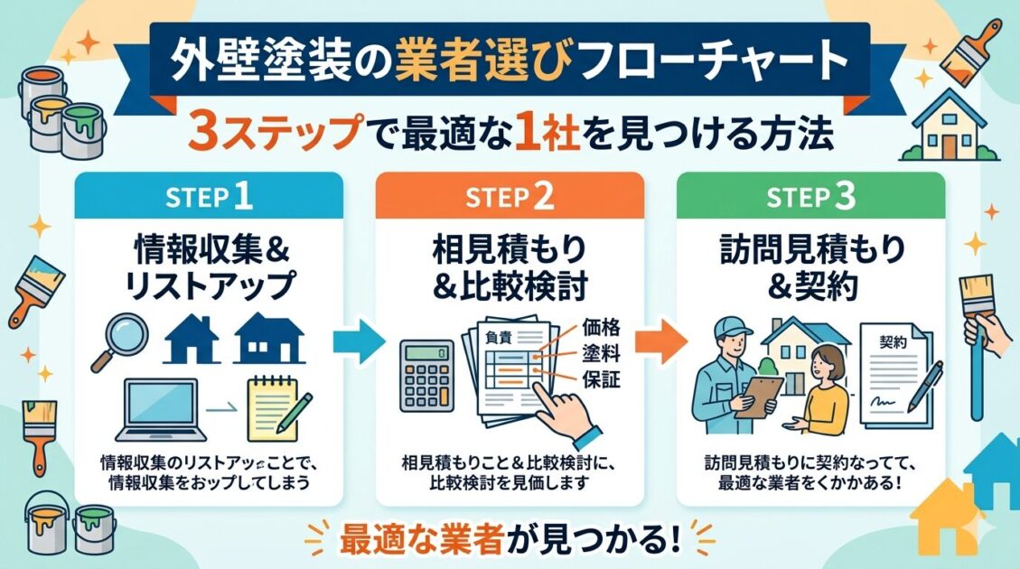 外壁塗装の業者選び3ステップフローチャート