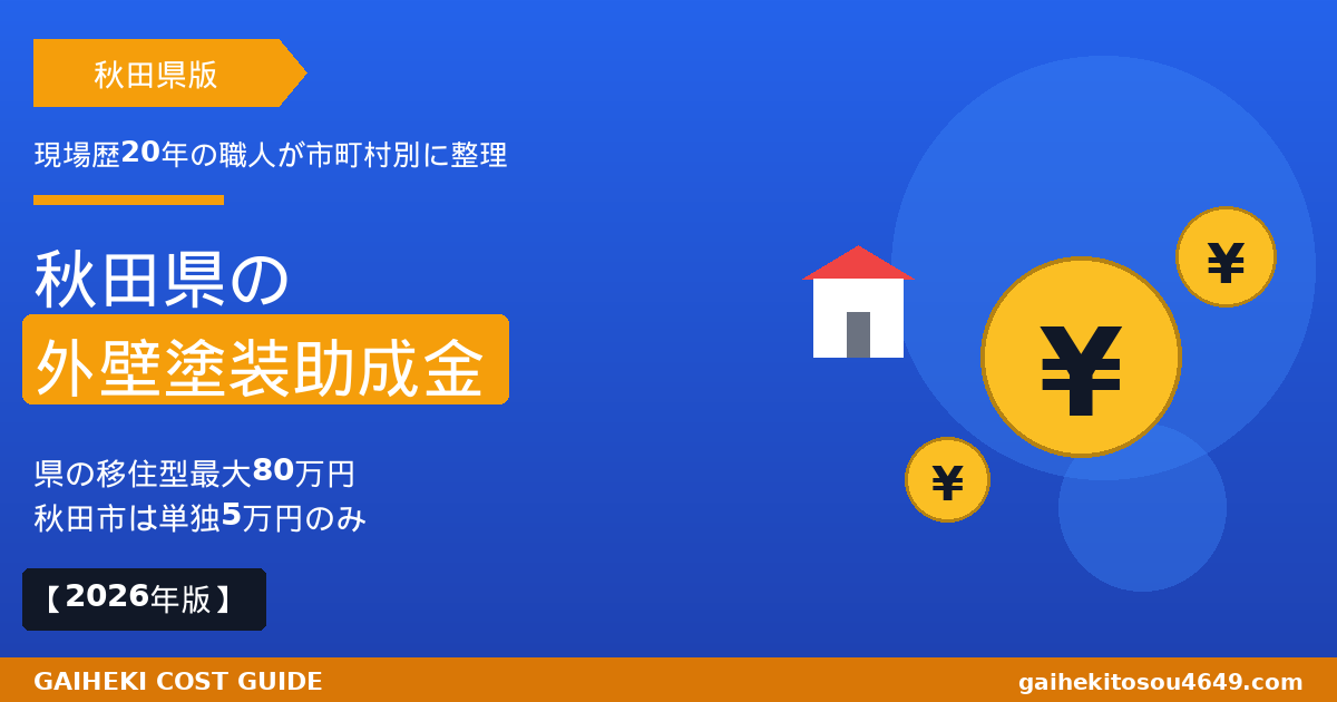 秋田県の外壁塗装で使える助成金2026年版|秋田市は5万円少額・県主体の住宅リフォーム推進事業で移住型最大80万円を職人が解説