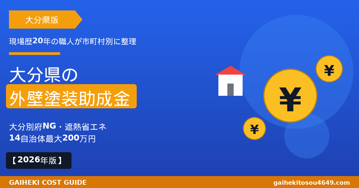 大分県の外壁塗装で使える助成金完全ガイドのアイキャッチ画像。大分別府NG・遮熱省エネ塗装・14自治体最大200万円を2026年最新版で解説。