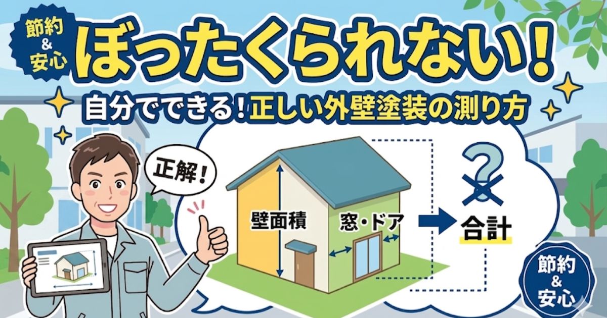 外壁塗装でぼったくられないための、自分でできる正しい面積の測り方を解説するアイキャッチ画像。