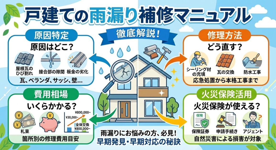 戸建ての雨漏り補修マニュアル。原因特定・修理方法・費用相場・火災保険活用の4つのポイントを解説した図解
