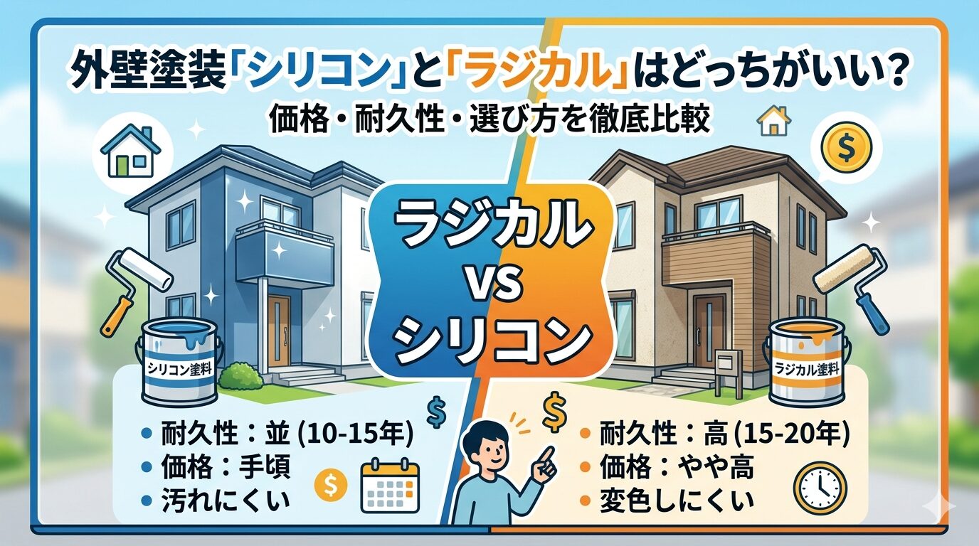 外壁塗装のシリコン塗料とラジカル塗料を比較した図解。耐久性・価格・選び方のポイントを2棟の家とペンキ缶で解説