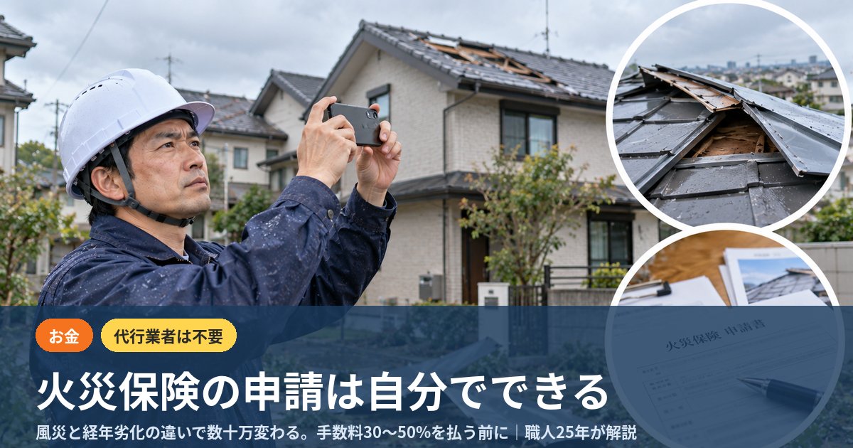 台風被害の屋根をスマホで撮影する職人｜火災保険申請を自分でやる方法